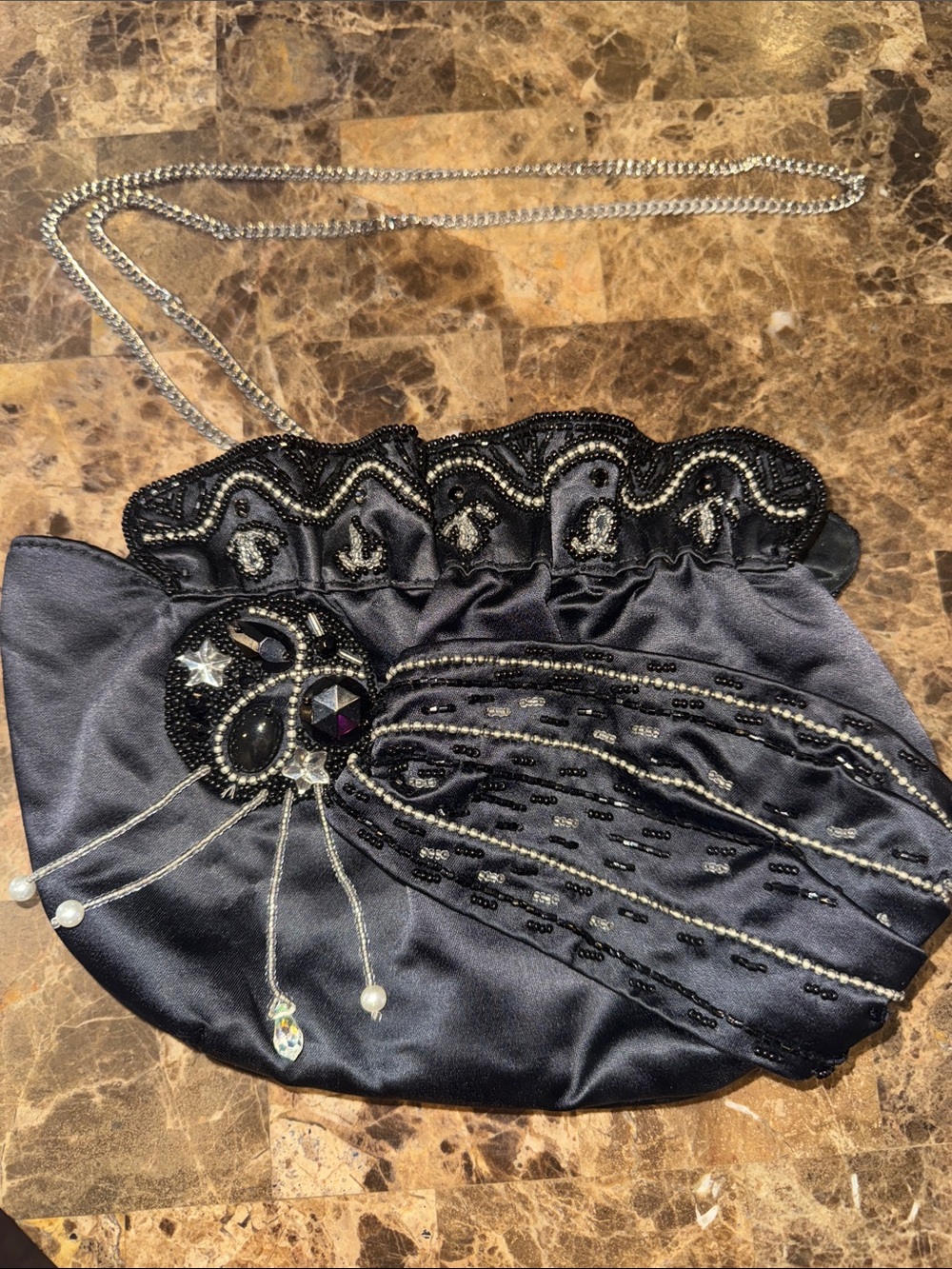 Hashimoto Elegant Black Beaded Evening Clutch with Chain. Excellent Condition